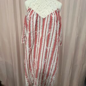 Blu Pepper Red and White Striped Linen & Lace Cold-Shoulder Mini Dress (2X)